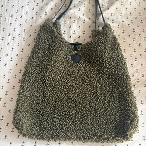 Olive Green faux Shearling Tote Bag with leather straps